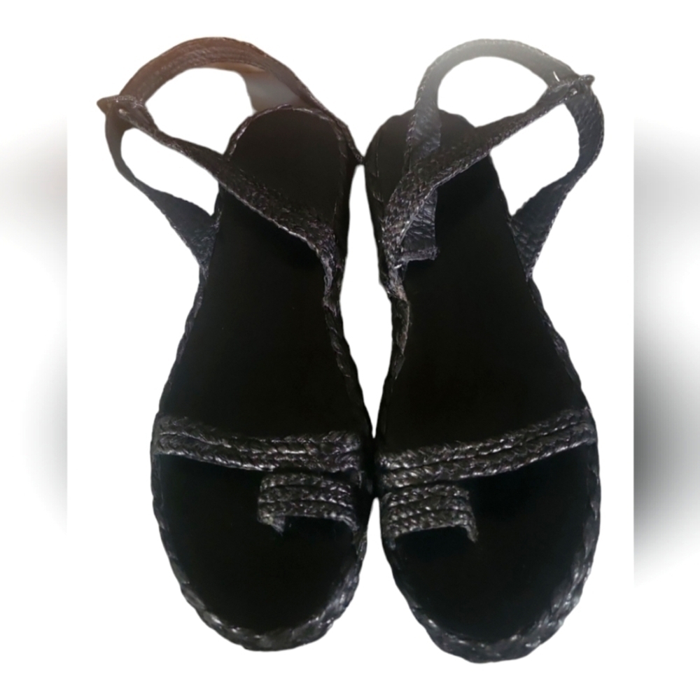 Mango Ming Black Raffia Braided Leather Adjustable Strap Sandals Sz EU40 US 9